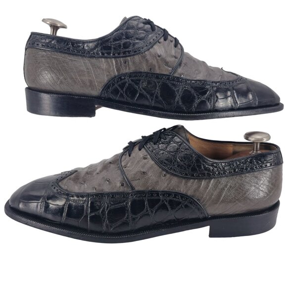 Mauri Italy Men 15 Exotic Alligator Ostrich Dress Shoe Grey Black Wingtip Oxford main image 5